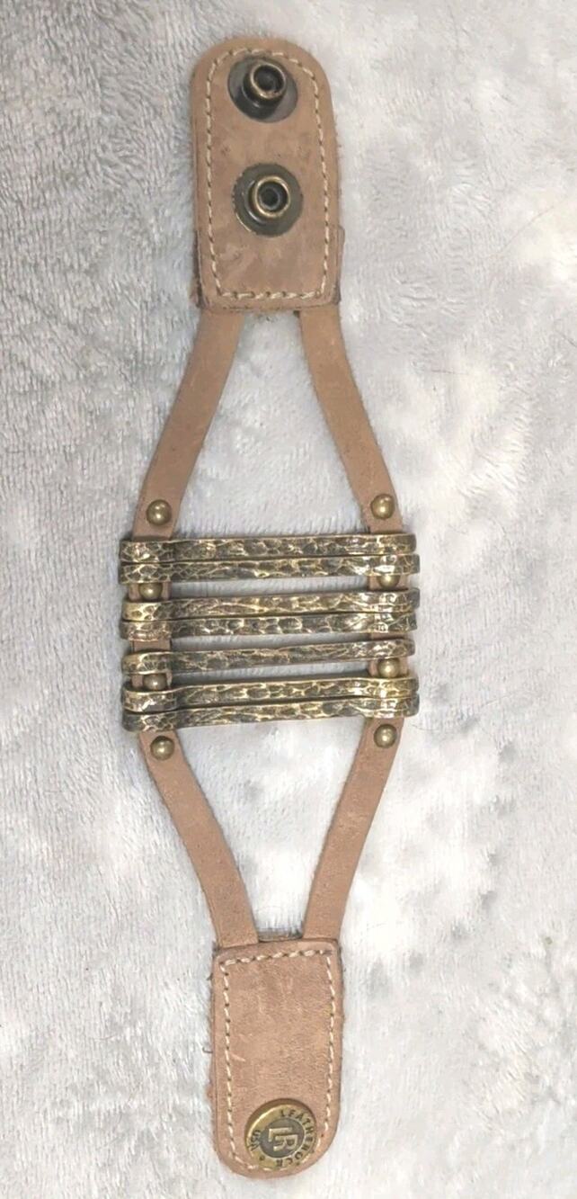 Leatherock Brown Leather Cuff Bracelet Brass Tone Bar Link Snap Closure